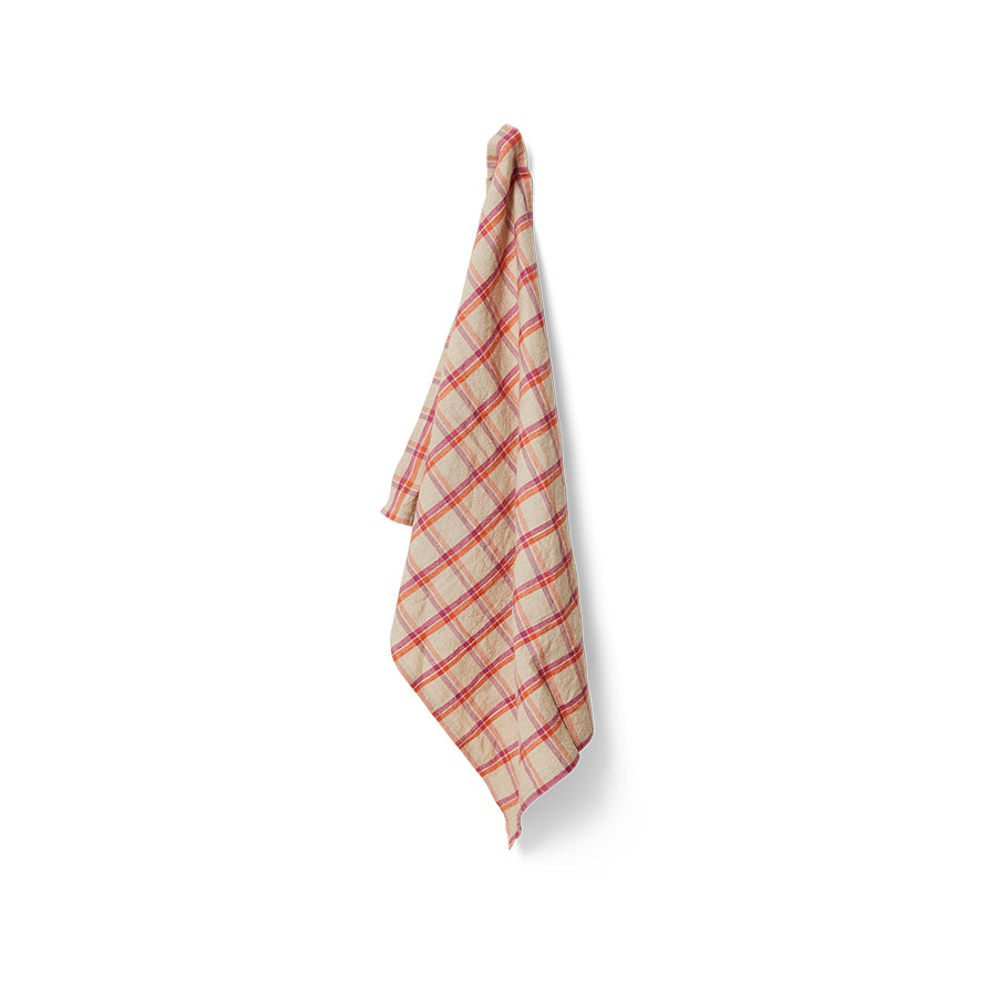 Vida check Theedoek Strawberry/Creme